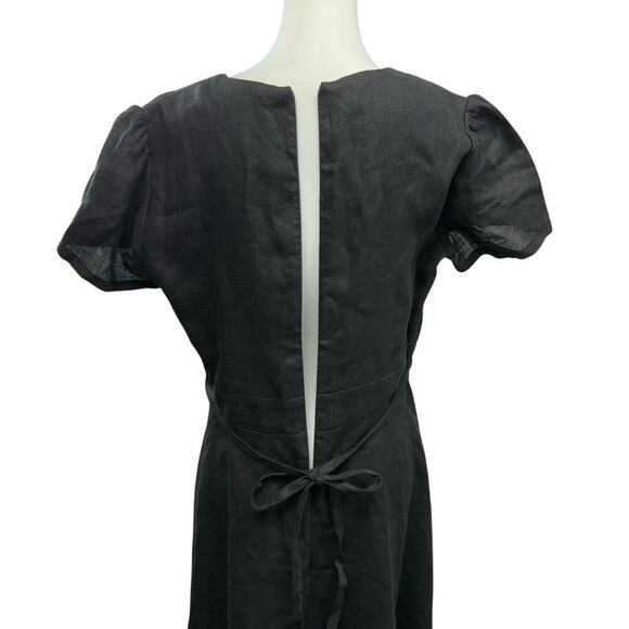 Linen Handmade Studio 100% Linen Midi Dress Size 14 Deep V Neck Sicily Black NWT - Picture 6 of 9